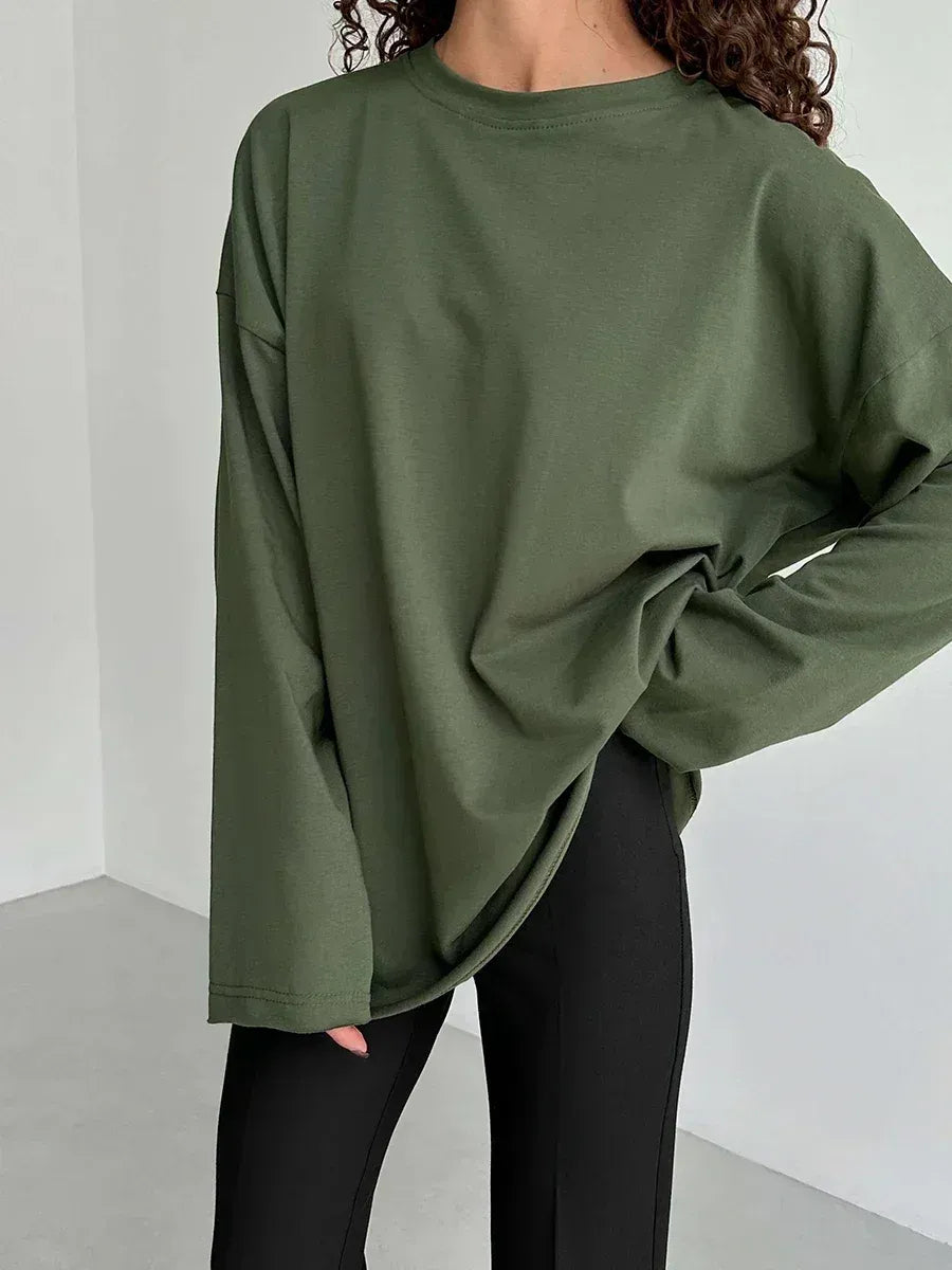 Women’s 100% Cotton Long Sleeve T-Shirt | Casual Solid O-Neck Loose Top