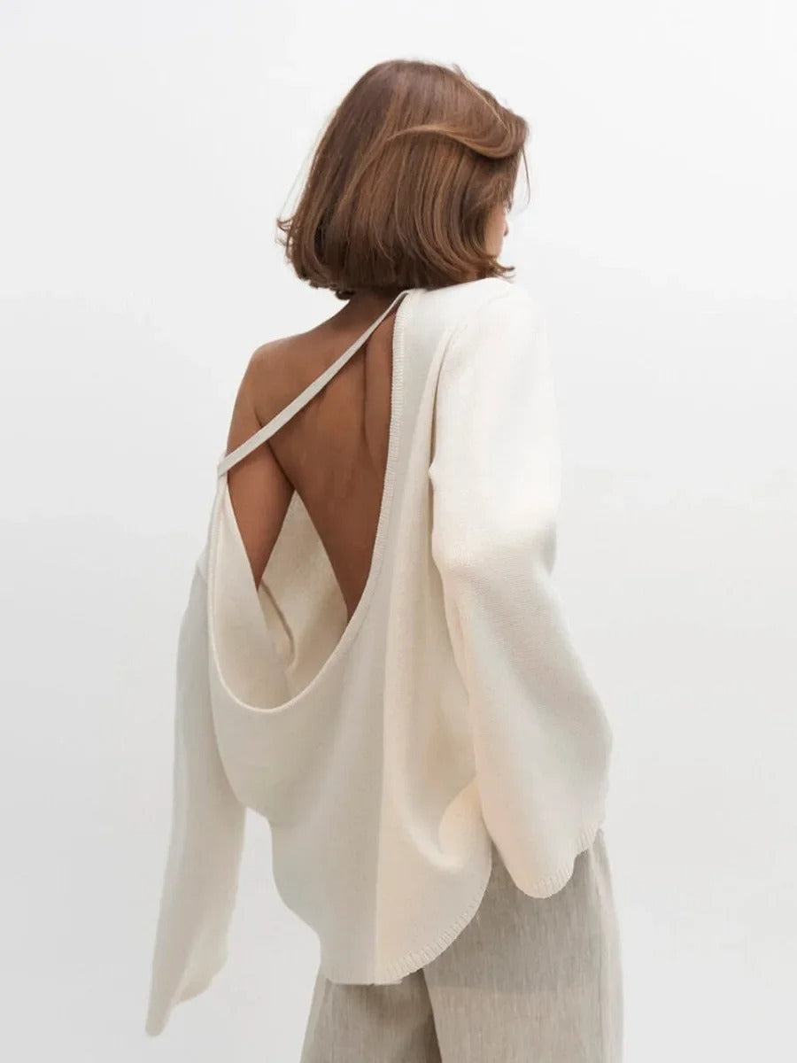 Women’s Cotton Knit Sweater | Backless Loose Pullover Jumper for Autumn Winter