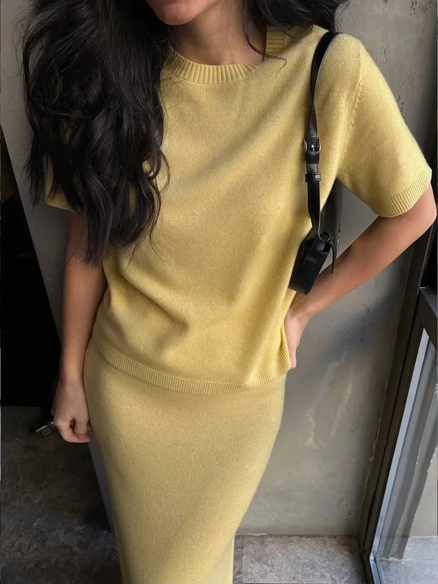 Women’s Soft Knit Two-Piece Set | Short Sleeve Pullover Top & Skirt Solid Color Summer Outfit