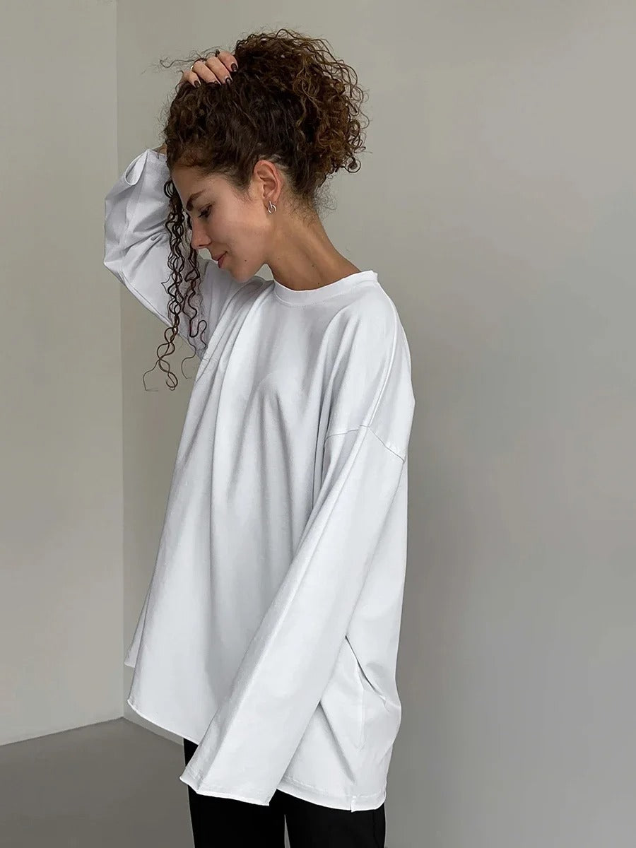 Women’s 100% Cotton Long Sleeve T-Shirt | Casual Solid O-Neck Loose Top