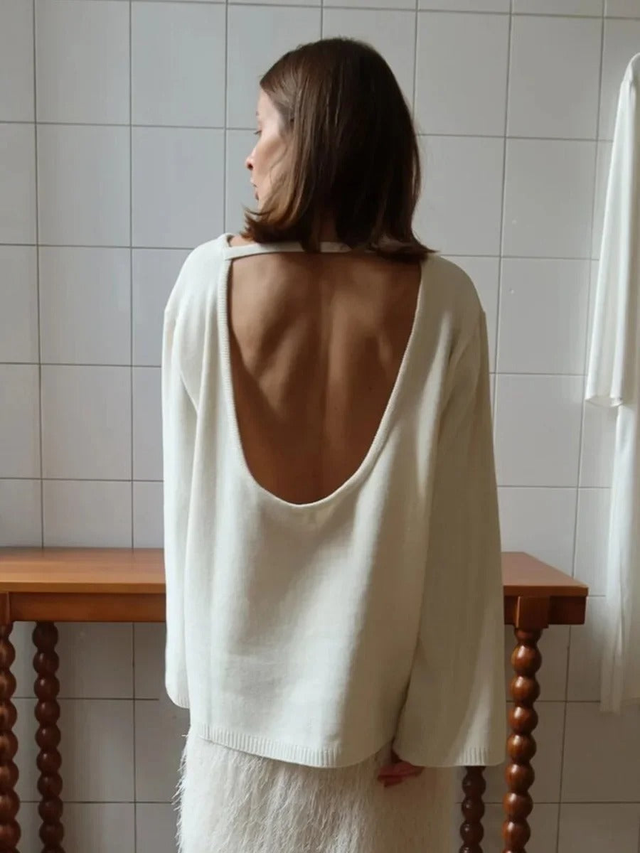 Women’s Cotton Knit Sweater | Backless Loose Pullover Jumper for Autumn Winter
