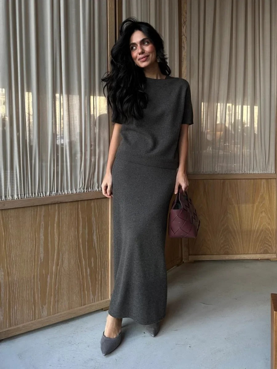 Women’s Soft Knit Two-Piece Set | Short Sleeve Pullover Top & Skirt Solid Color Summer Outfit