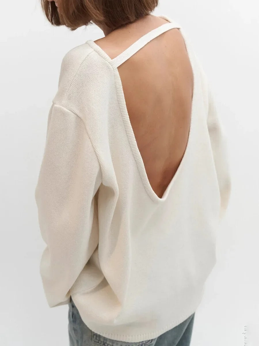 Women’s Cotton Knit Sweater | Backless Loose Pullover Jumper for Autumn Winter