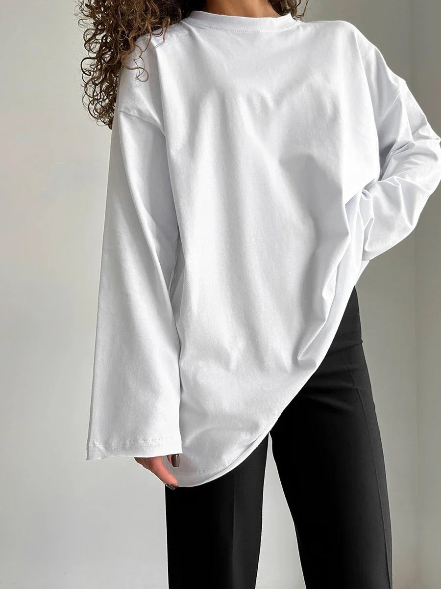 Women’s 100% Cotton Long Sleeve T-Shirt | Casual Solid O-Neck Loose Top