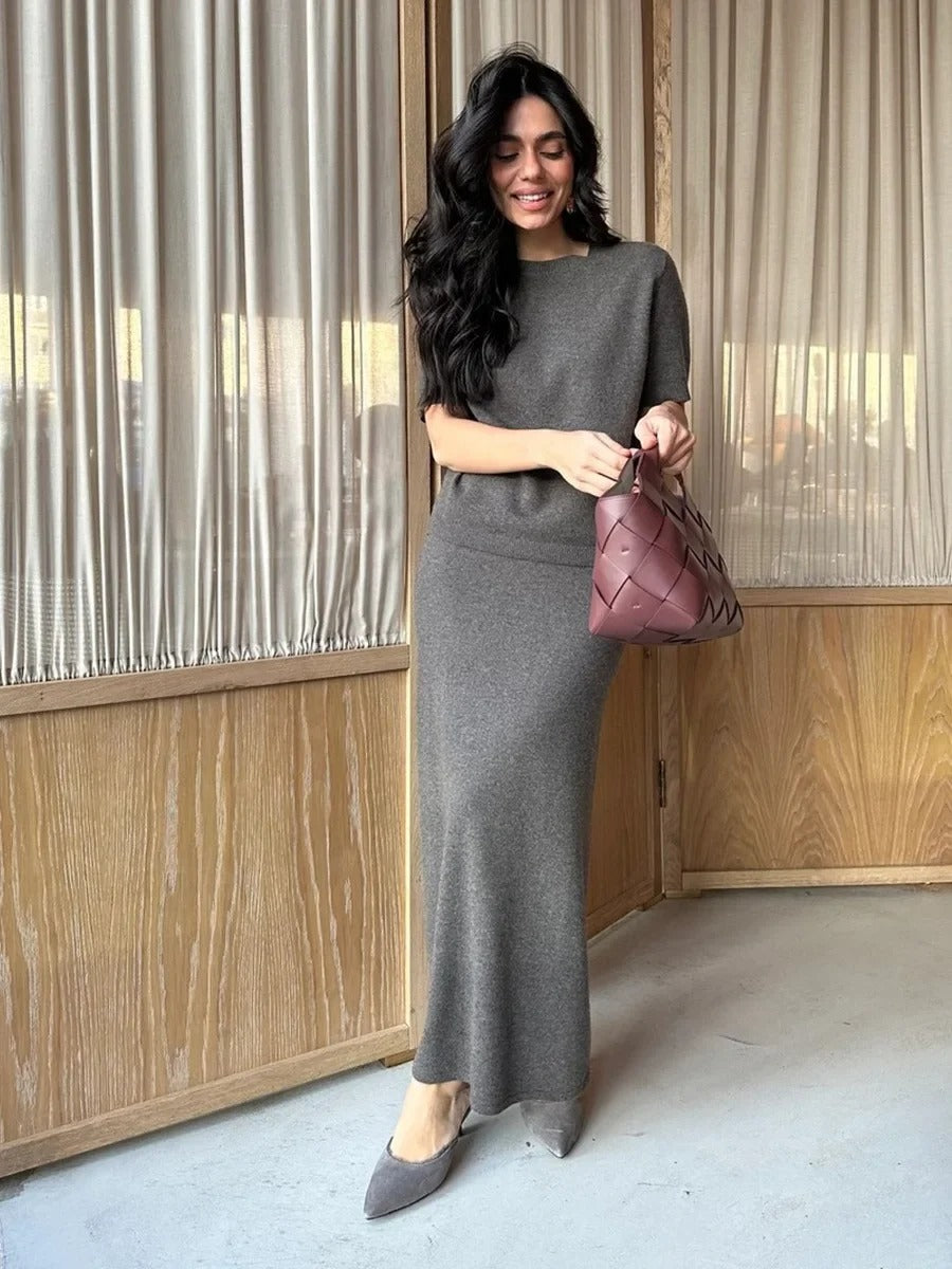 Women’s Soft Knit Two-Piece Set | Short Sleeve Pullover Top & Skirt Solid Color Summer Outfit