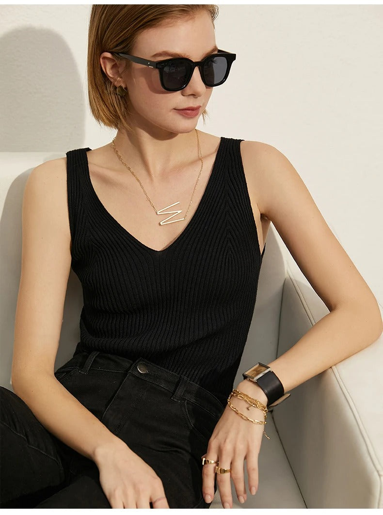 Amii Minimalism Women’s V-Neck Camisole | Slim Knit Tank Top for Summer Office & Streetwear