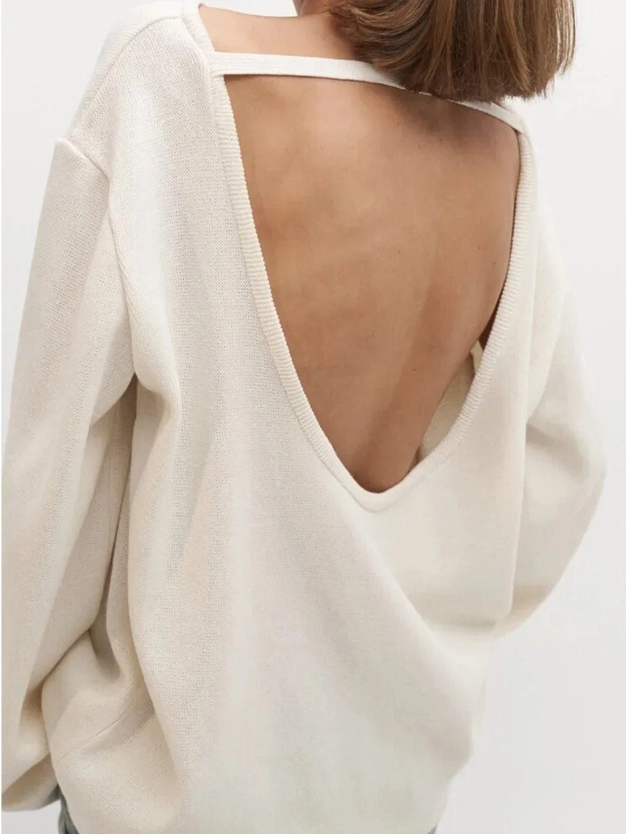 Women’s Cotton Knit Sweater | Backless Loose Pullover Jumper for Autumn Winter