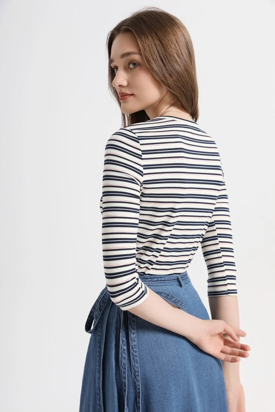 Women’s Striped Ribbed Top | 3/4 Sleeve High Stretch Slim Fit Casual Tee 2025