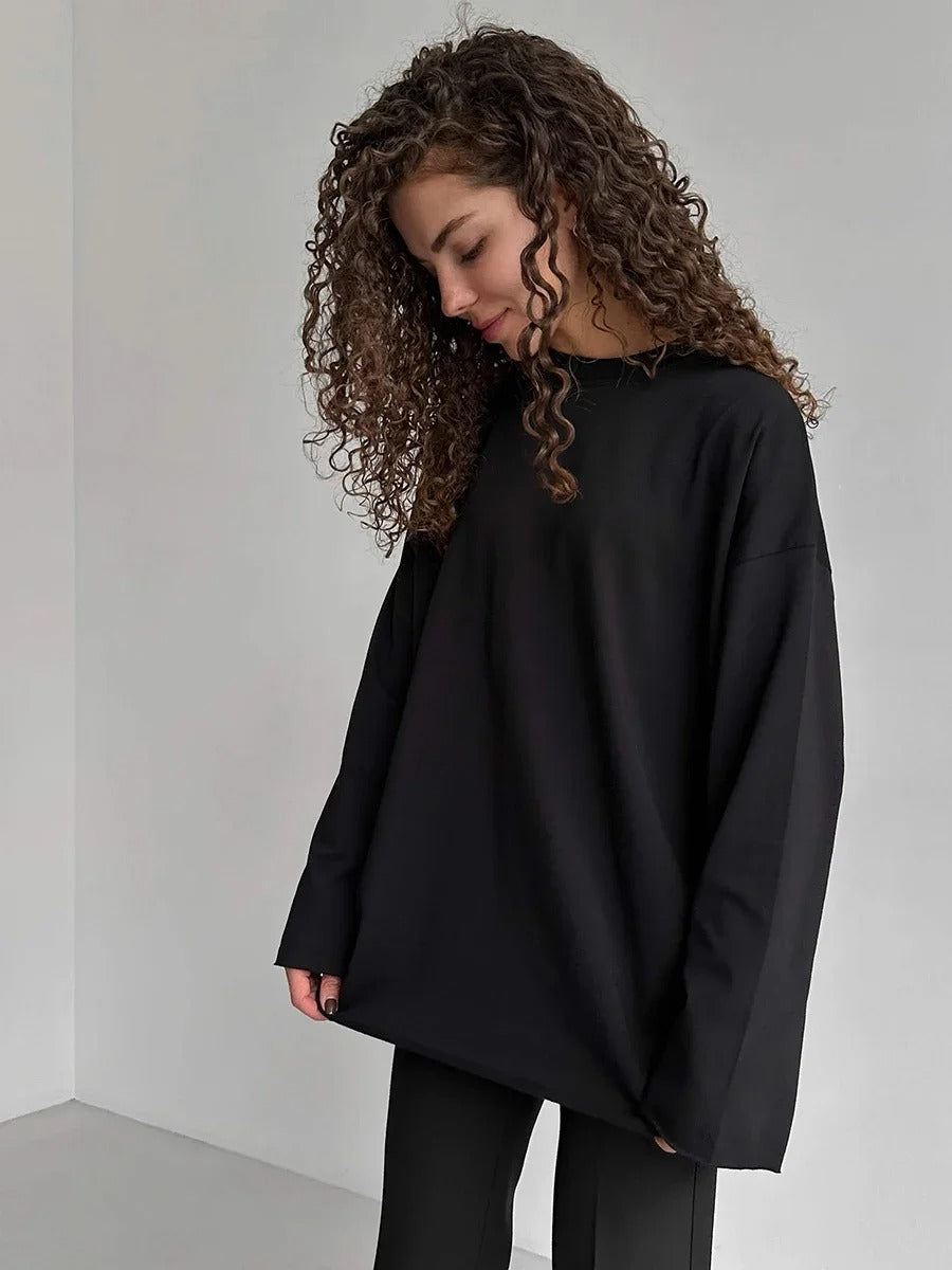 Women’s 100% Cotton Long Sleeve T-Shirt | Casual Solid O-Neck Loose Top
