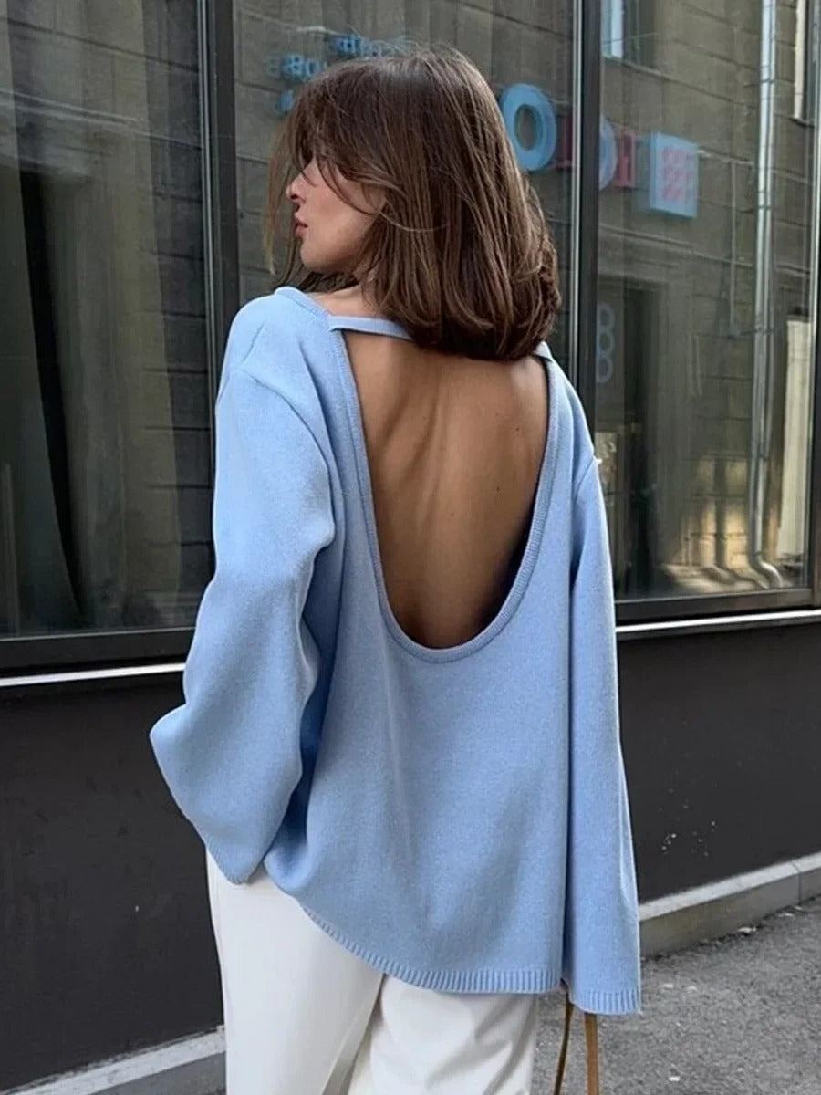 Women’s Cotton Knit Sweater | Backless Loose Pullover Jumper for Autumn Winter