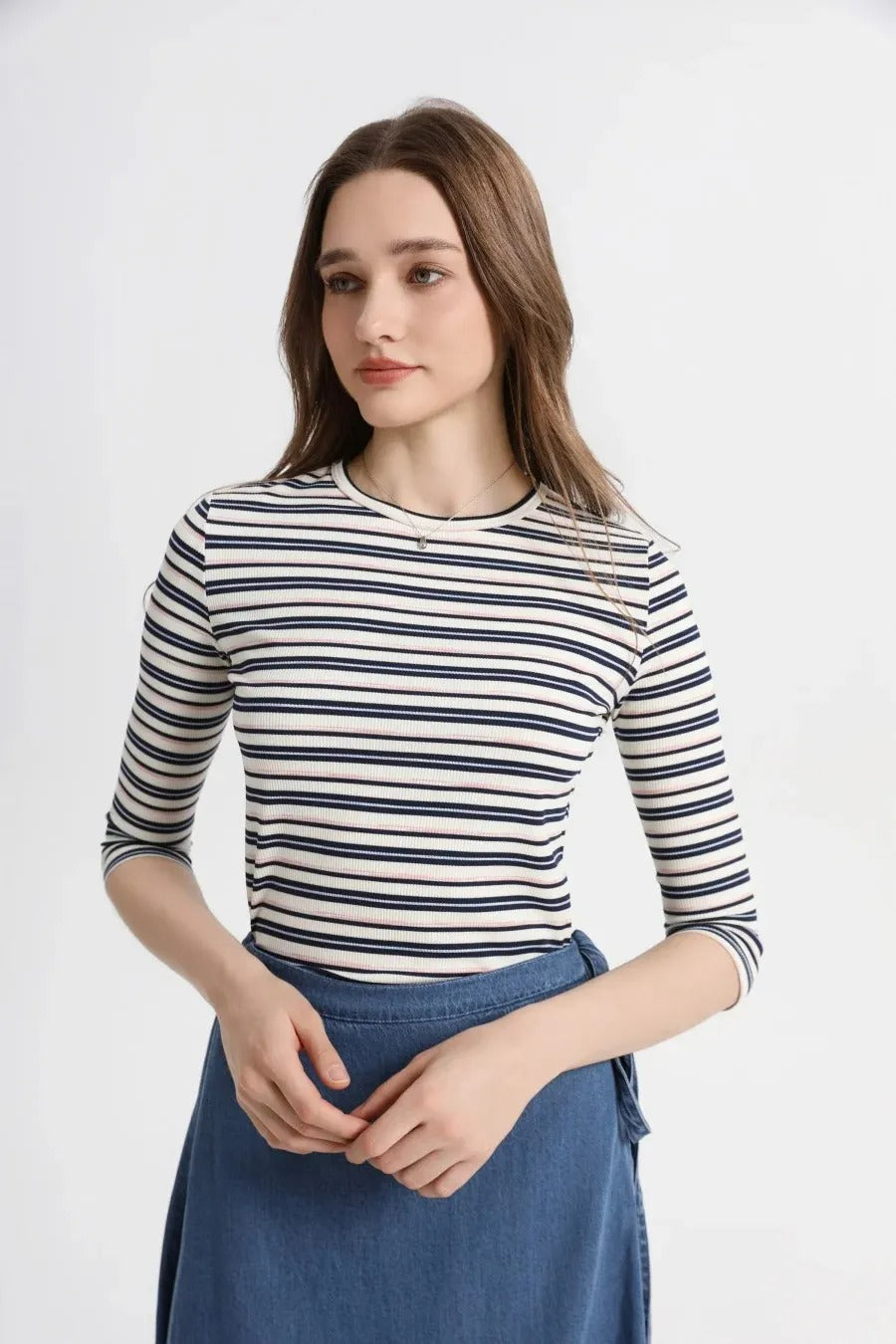 Women’s Striped Ribbed Top | 3/4 Sleeve High Stretch Slim Fit Casual Tee 2025