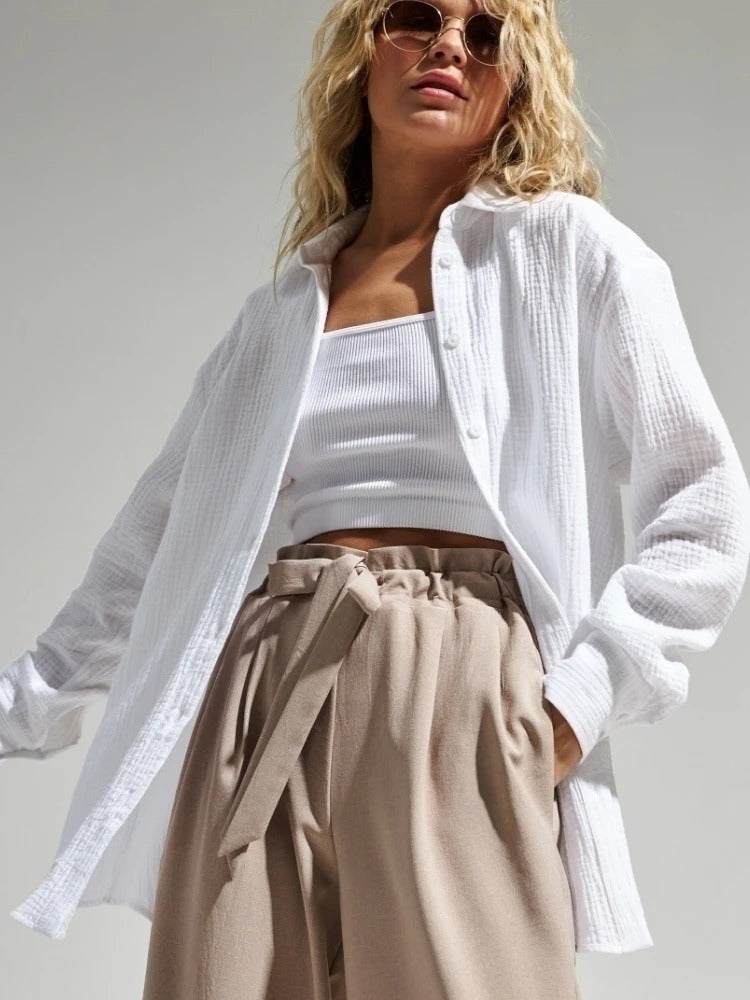 Bornladies 2025 Women’s Cotton Shirt | Long Sleeve Loose Crepe Blouse for Spring & Summer
