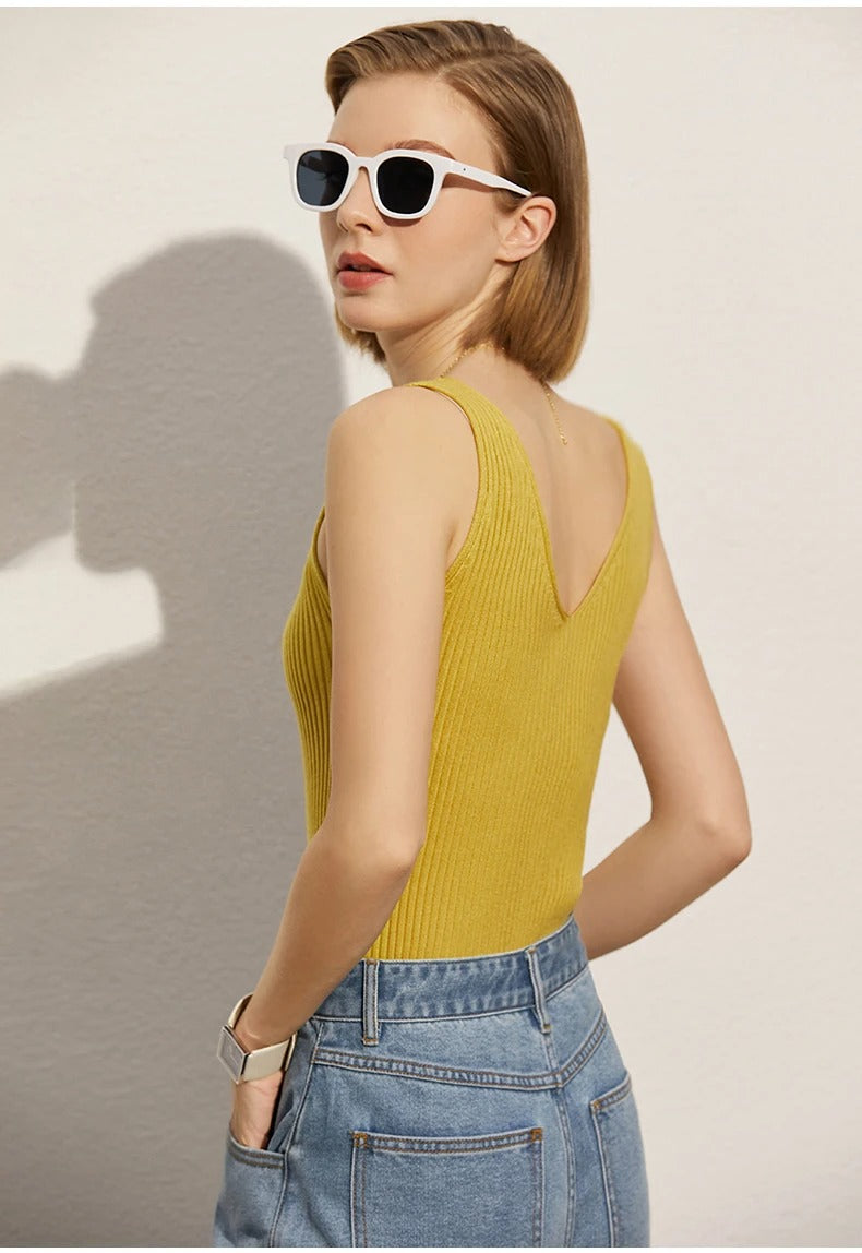Amii Minimalism Women’s V-Neck Camisole | Slim Knit Tank Top for Summer Office & Streetwear