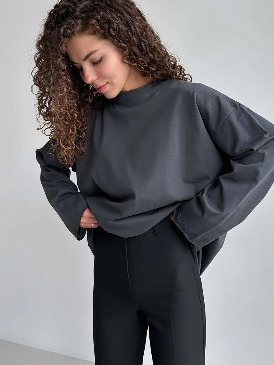 Women’s 100% Cotton Long Sleeve T-Shirt | Casual Solid O-Neck Loose Top