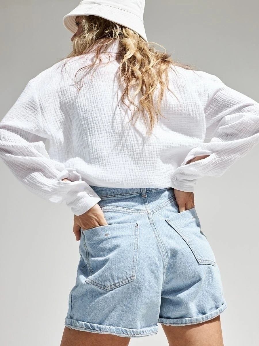 Bornladies 2025 Women’s Cotton Shirt | Long Sleeve Loose Crepe Blouse for Spring & Summer