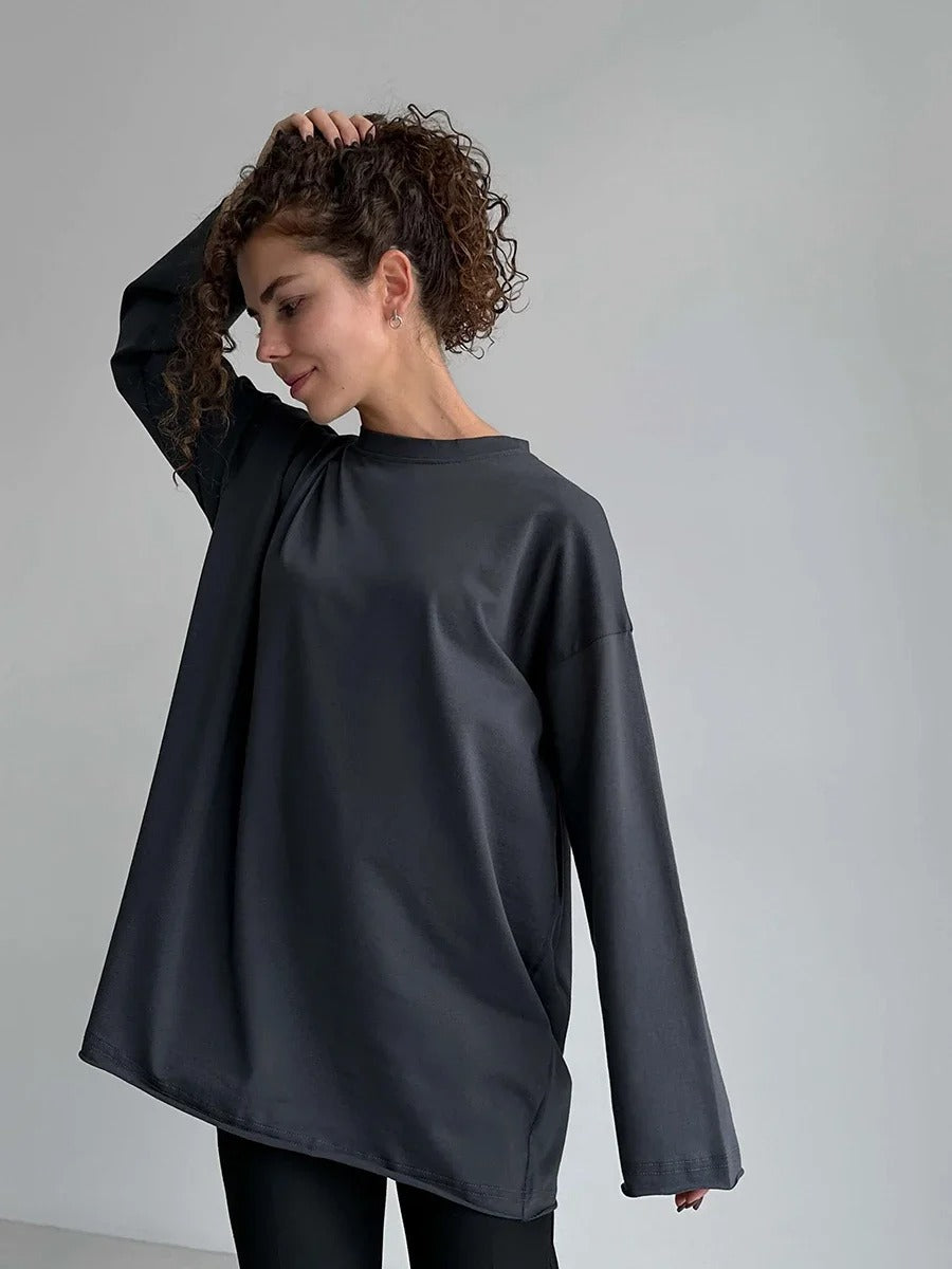 Women’s 100% Cotton Long Sleeve T-Shirt | Casual Solid O-Neck Loose Top