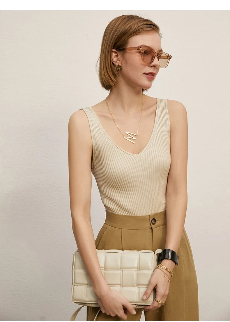 Amii Minimalism Women’s V-Neck Camisole | Slim Knit Tank Top for Summer Office & Streetwear