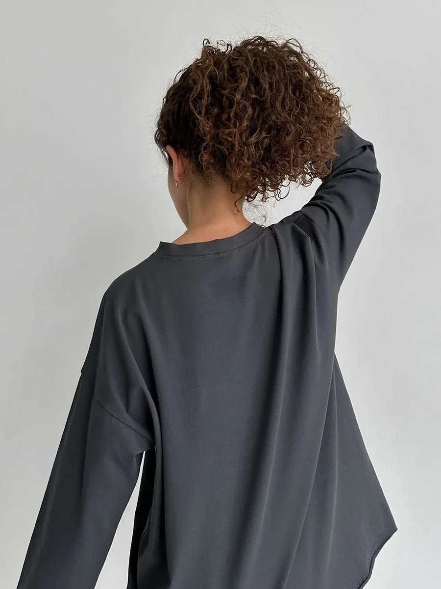 Women’s 100% Cotton Long Sleeve T-Shirt | Casual Solid O-Neck Loose Top