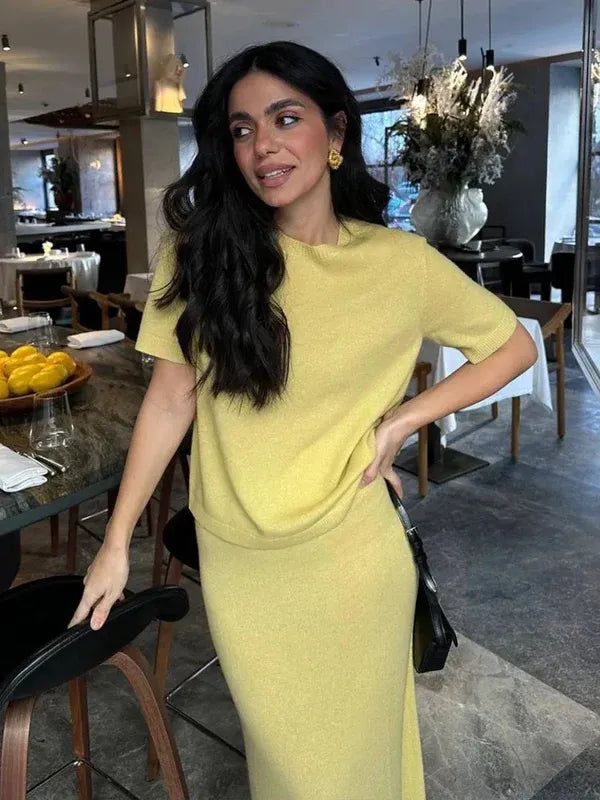 Women’s Soft Knit Two-Piece Set | Short Sleeve Pullover Top & Skirt Solid Color Summer Outfit