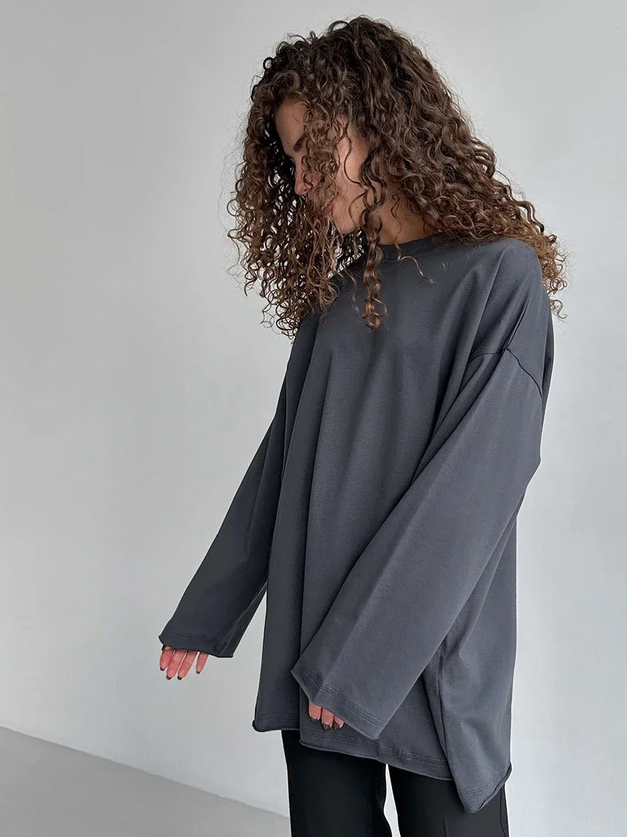 Women’s 100% Cotton Long Sleeve T-Shirt | Casual Solid O-Neck Loose Top
