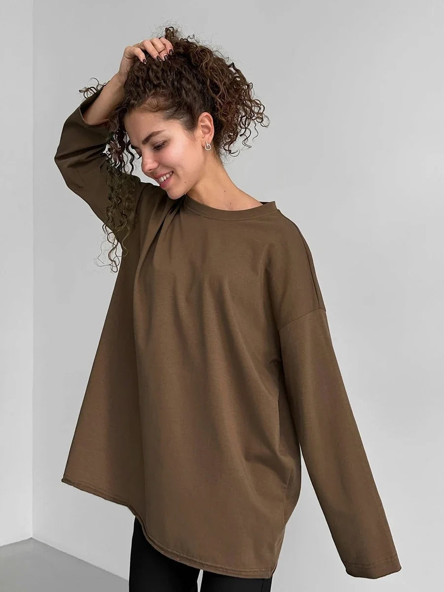 Women’s 100% Cotton Long Sleeve T-Shirt | Casual Solid O-Neck Loose Top