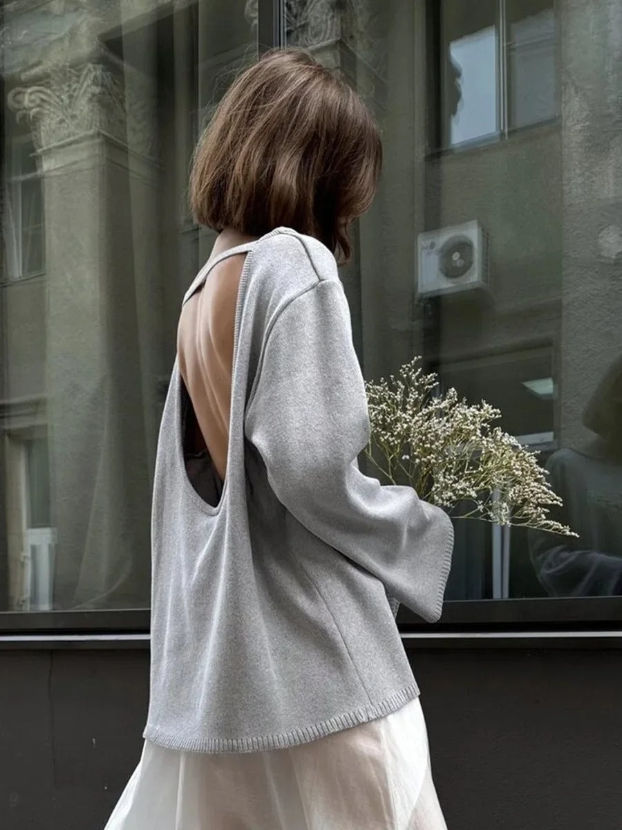 Women’s Cotton Knit Sweater | Backless Loose Pullover Jumper for Autumn Winter