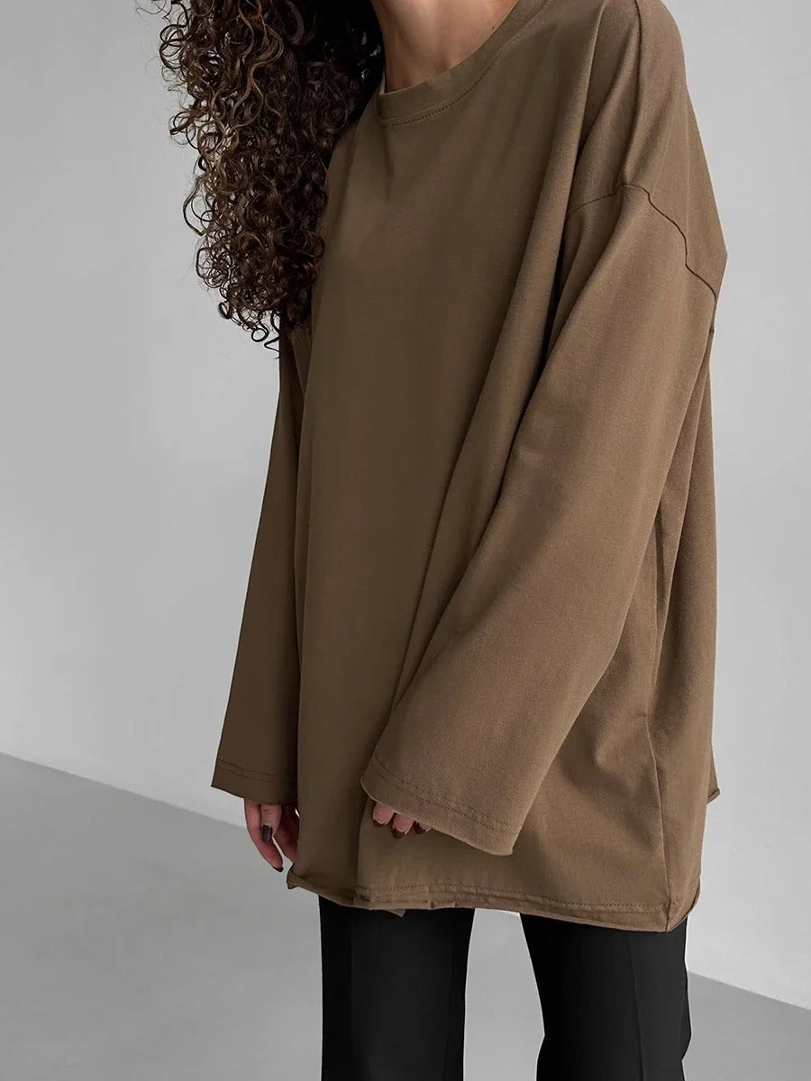 Women’s 100% Cotton Long Sleeve T-Shirt | Casual Solid O-Neck Loose Top
