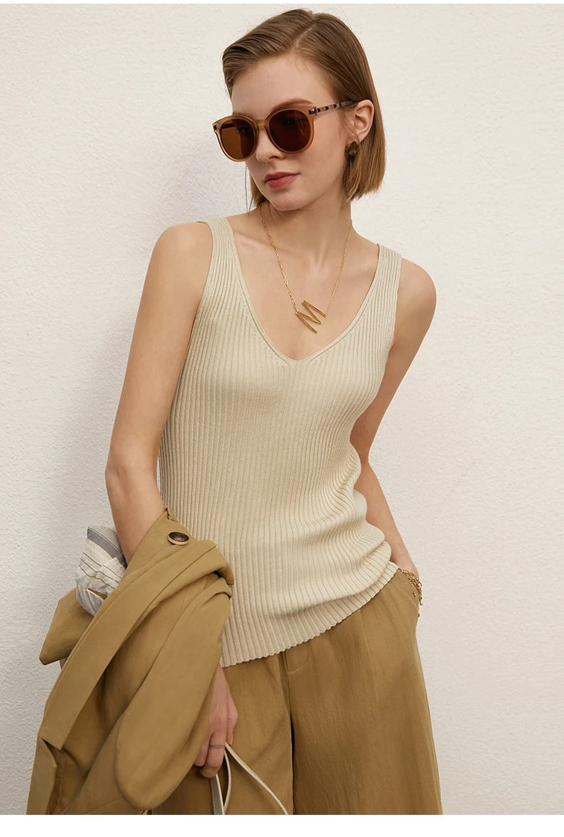Amii Minimalism Women’s V-Neck Camisole | Slim Knit Tank Top for Summer Office & Streetwear
