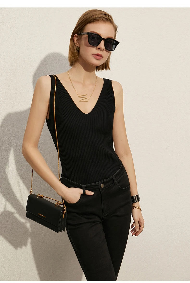 Amii Minimalism Women’s V-Neck Camisole | Slim Knit Tank Top for Summer Office & Streetwear