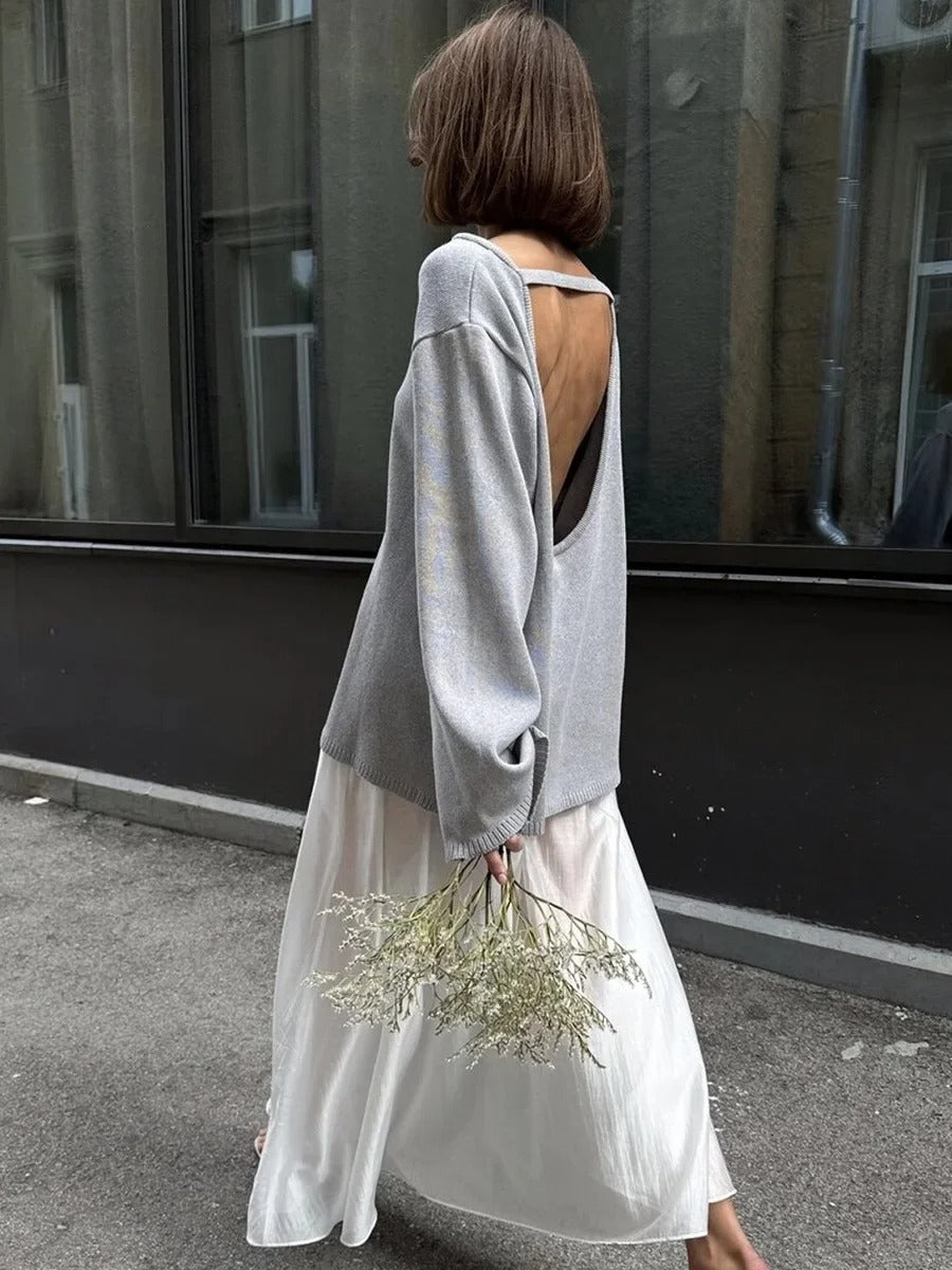Women’s Cotton Knit Sweater | Backless Loose Pullover Jumper for Autumn Winter