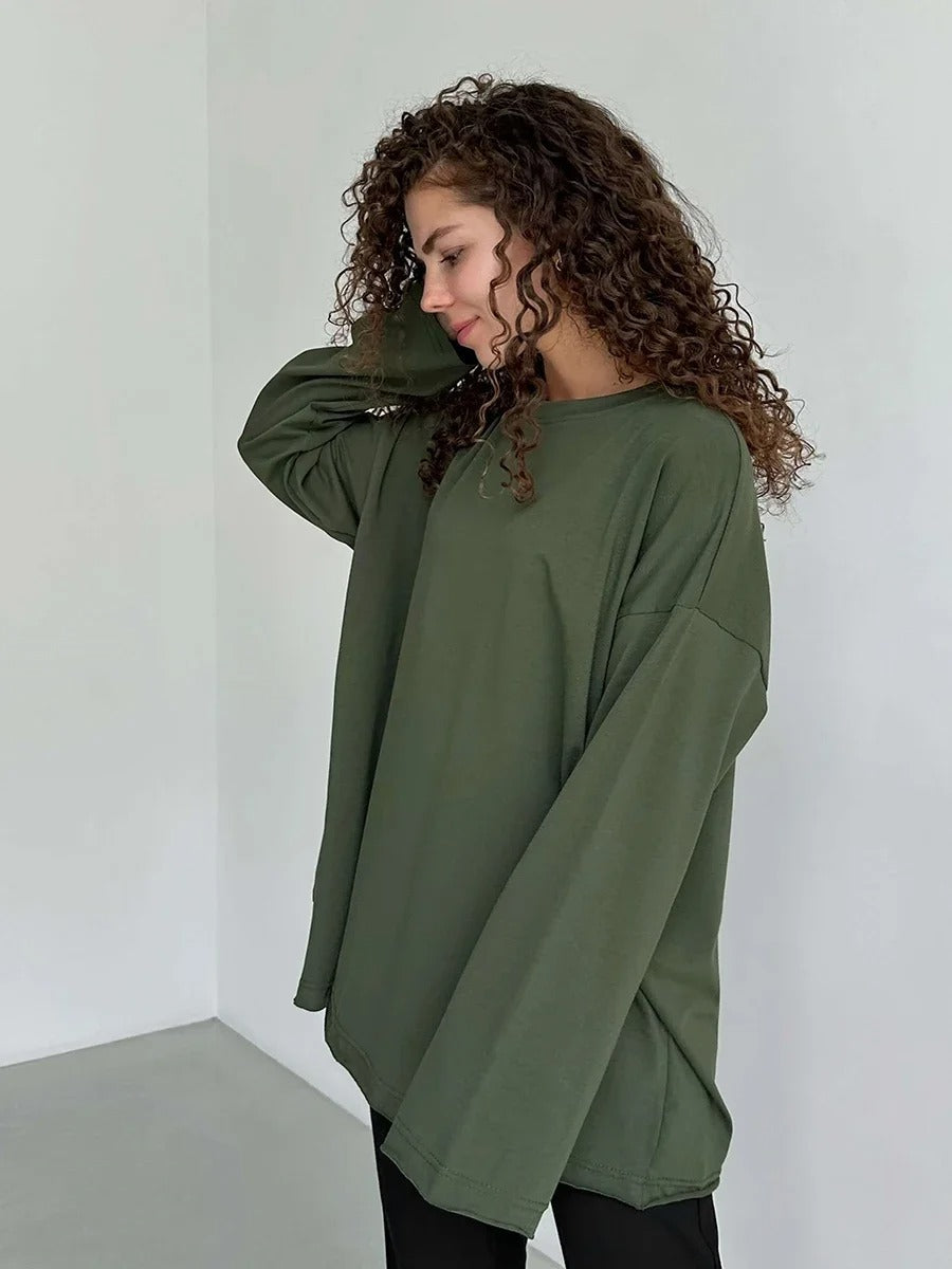 Women’s 100% Cotton Long Sleeve T-Shirt | Casual Solid O-Neck Loose Top