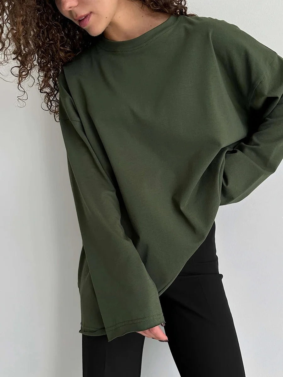 Women’s 100% Cotton Long Sleeve T-Shirt | Casual Solid O-Neck Loose Top