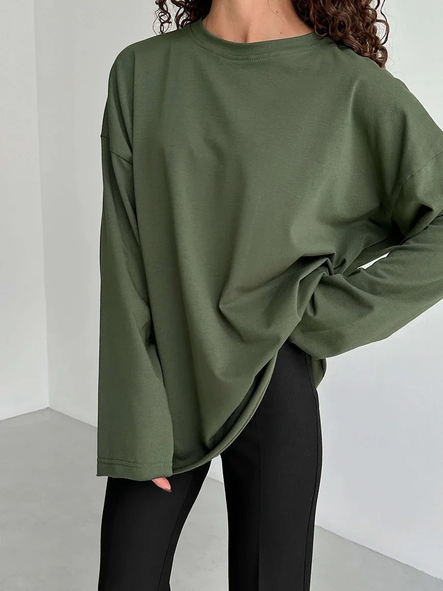 Women’s 100% Cotton Long Sleeve T-Shirt | Casual Solid O-Neck Loose Top
