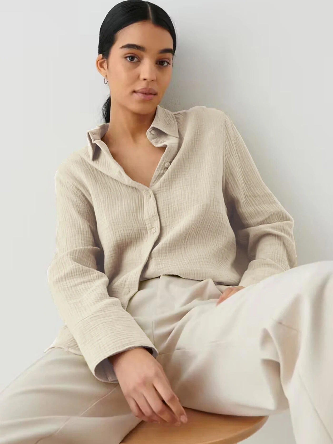 Bornladies 2025 Women’s Cotton Shirt | Long Sleeve Loose Crepe Blouse for Spring & Summer