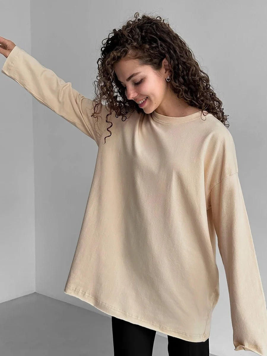 Women’s 100% Cotton Long Sleeve T-Shirt | Casual Solid O-Neck Loose Top
