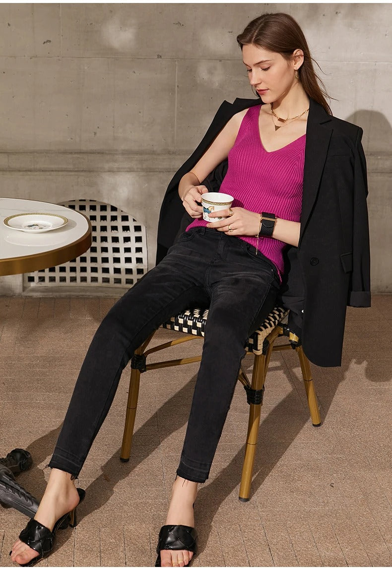 Amii Minimalism Women’s V-Neck Camisole | Slim Knit Tank Top for Summer Office & Streetwear