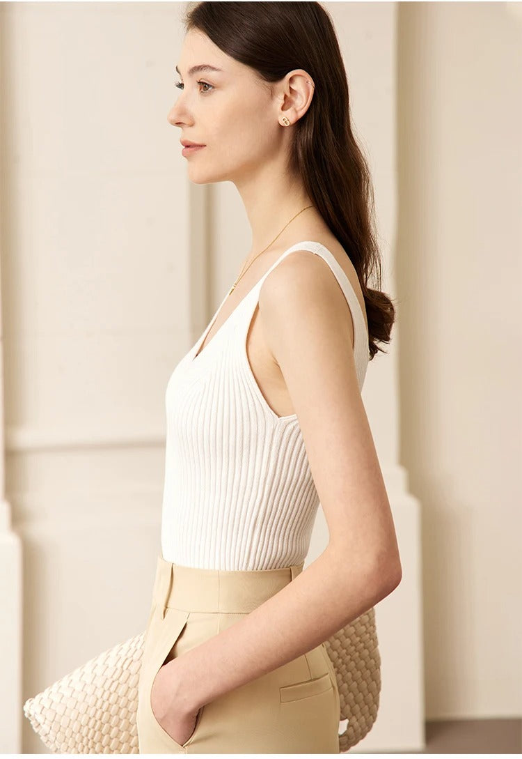 Amii Minimalism Women’s V-Neck Camisole | Slim Knit Tank Top for Summer Office & Streetwear